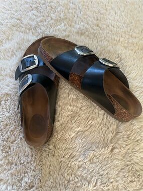 Time and Tru Black Double-Buckle Cork Footbed Slide Sandals